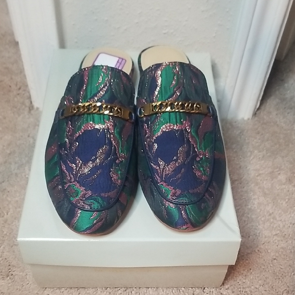 Marc Fisher Blue and Green Mules with Ornate Design